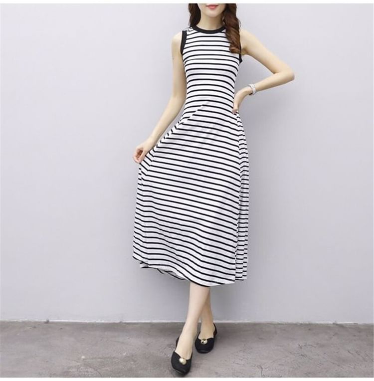 Striped A-Line Midi Tank Dress Neck Crew