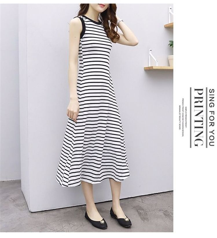 Striped A-Line Midi Tank Dress Neck Crew