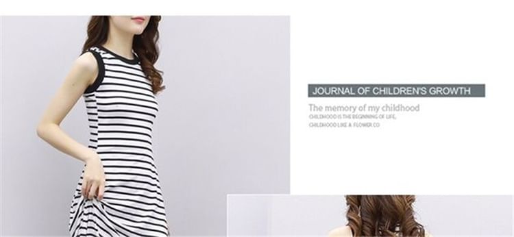Striped A-Line Midi Tank Dress Neck Crew