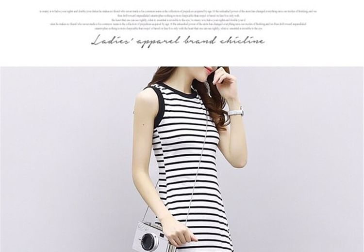 Striped A-Line Midi Tank Dress Neck Crew