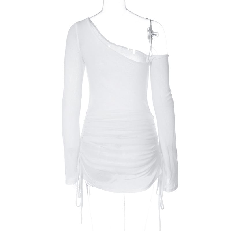 Drawstring Long-Sleeve Sheer Tee One-Shoulder Plain