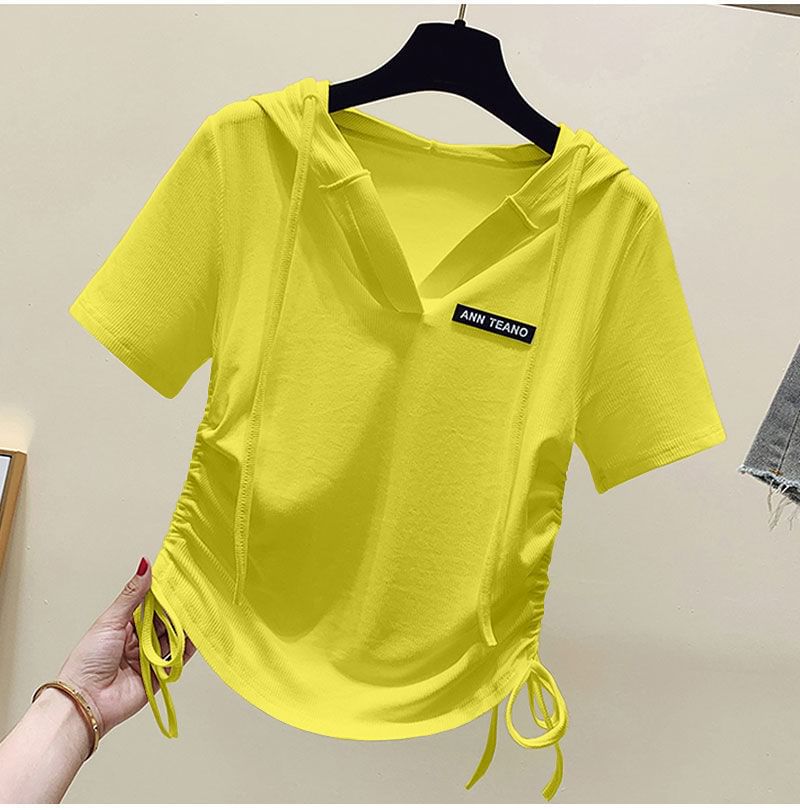 Short-Sleeve Lettering Tee Drawstring V-Neck