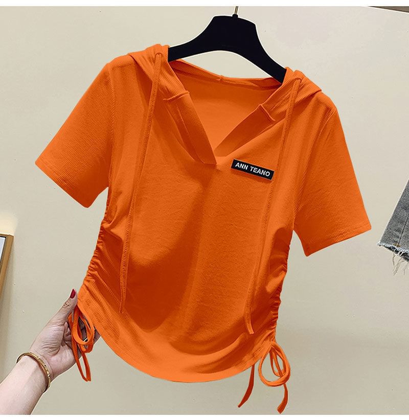 Short-Sleeve Lettering Tee Drawstring V-Neck