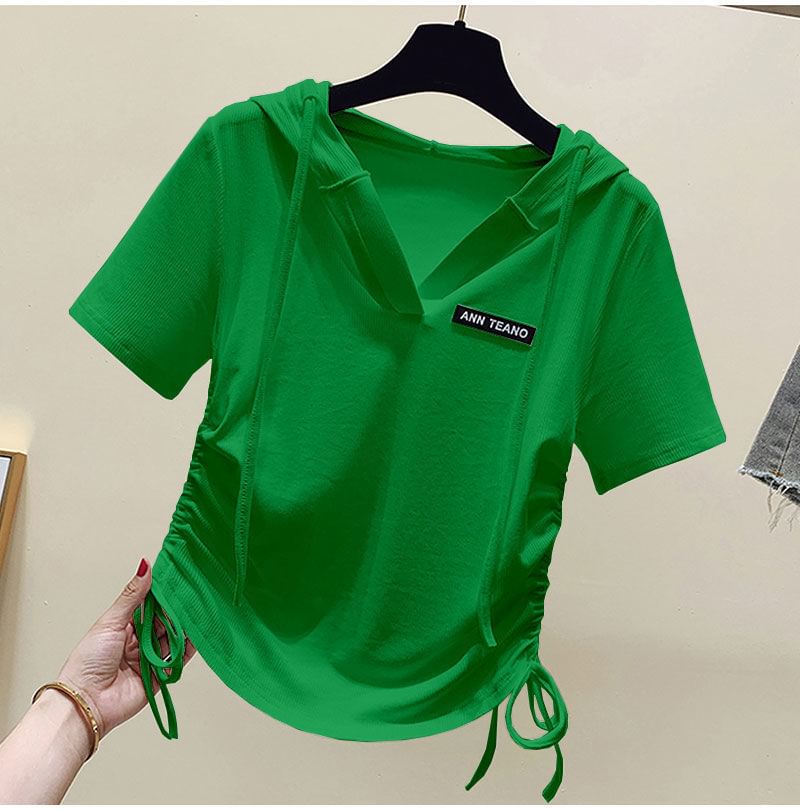 Short-Sleeve Lettering Tee Drawstring V-Neck