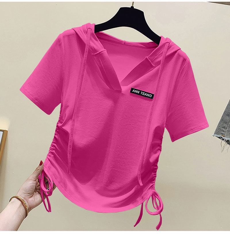Short-Sleeve Lettering Tee Drawstring V-Neck