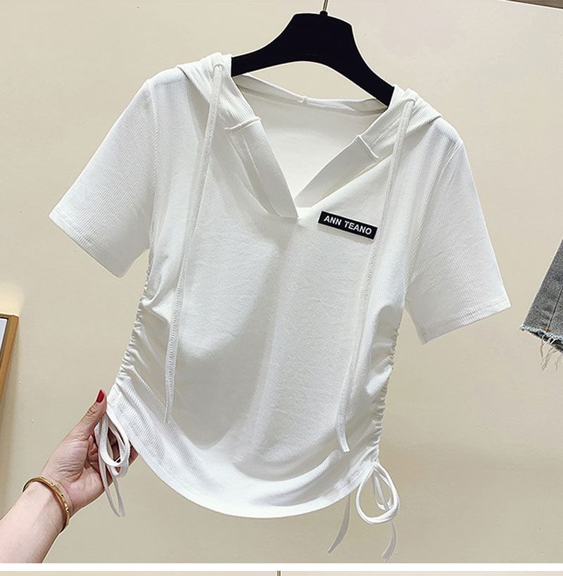 Short-Sleeve Lettering Tee Drawstring V-Neck