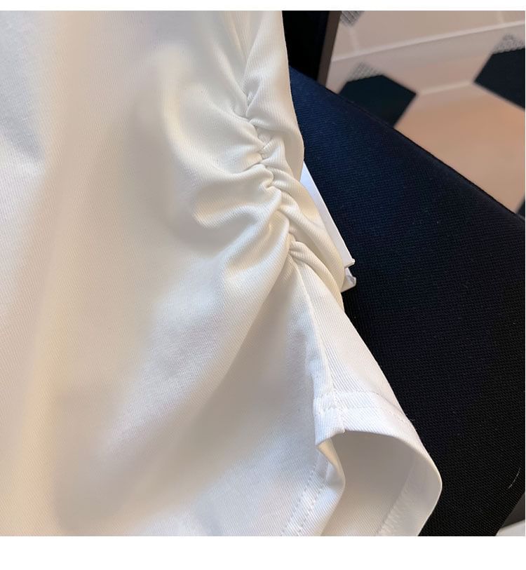 Plain Tee Short-Sleeve Neck Round Ruched