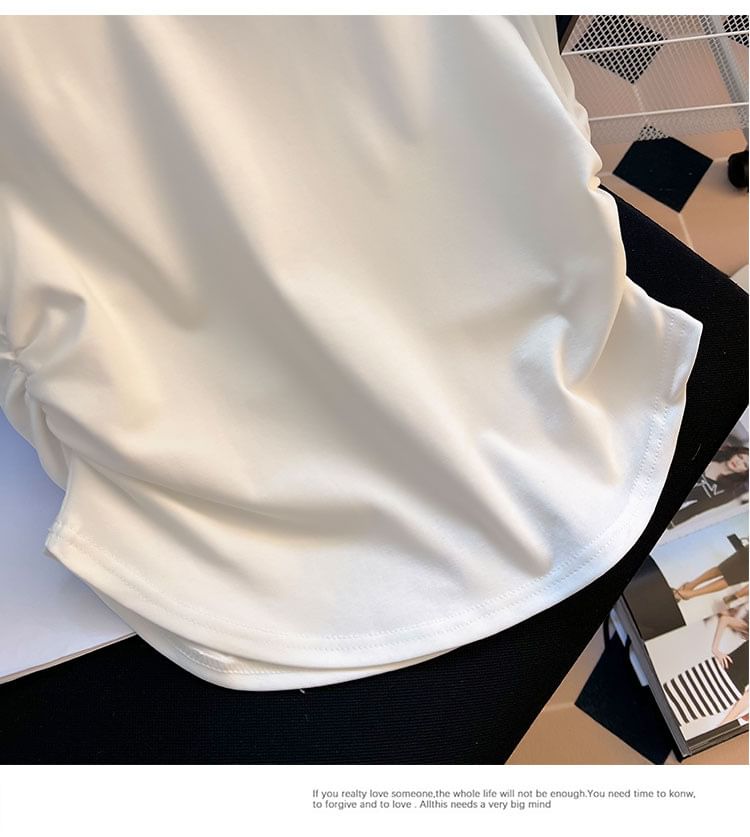 Plain Tee Short-Sleeve Neck Round Ruched