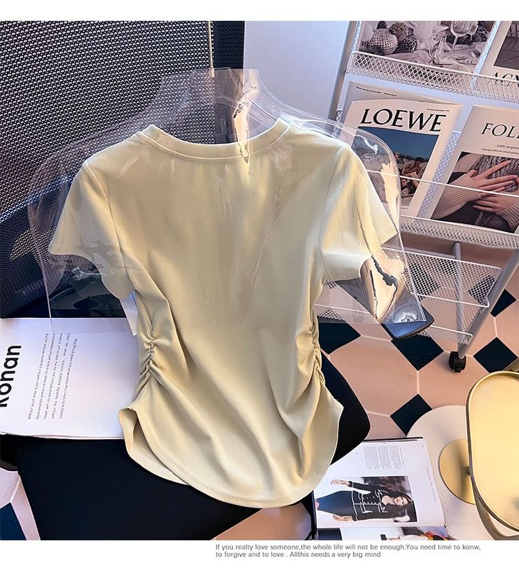 Plain Tee Short-Sleeve Neck Round Ruched