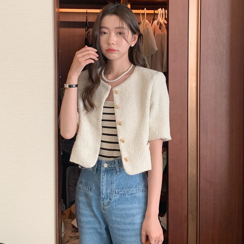 Elbow-Sleeve Crew Neck Button-Up Plain Tweed Crop Jacket