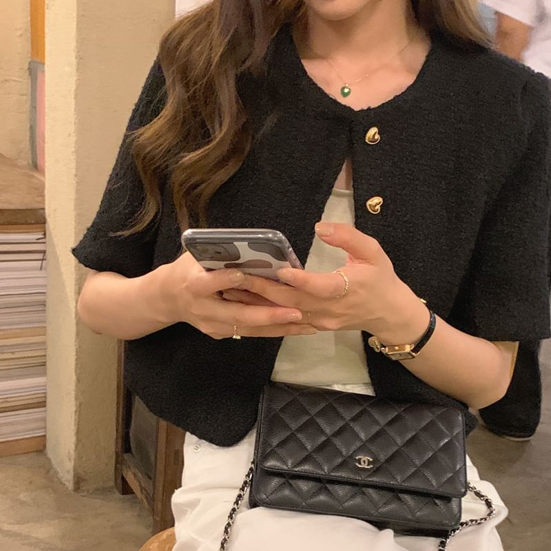 Elbow-Sleeve Crew Neck Button-Up Plain Tweed Crop Jacket