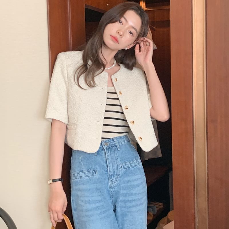 Elbow-Sleeve Crew Neck Button-Up Plain Tweed Crop Jacket