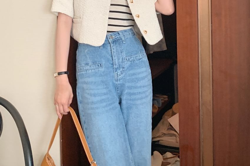 Elbow-Sleeve Crew Neck Button-Up Plain Tweed Crop Jacket