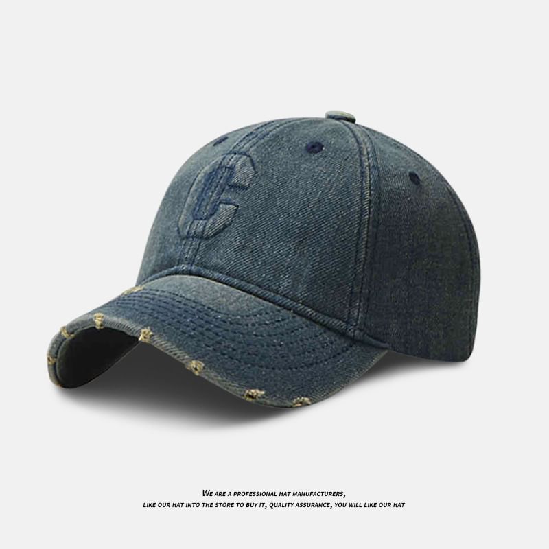 Denim Lettering Cap Washed Distressed Baseball Embroidered