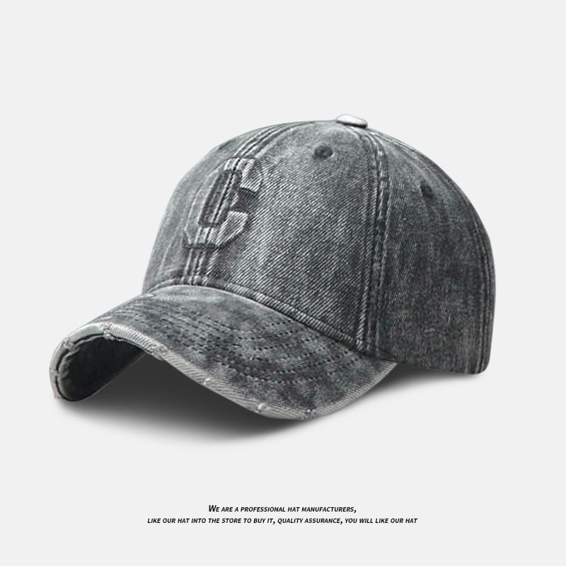 Denim Lettering Cap Washed Distressed Baseball Embroidered