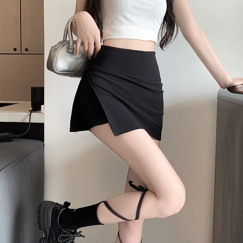Mini Skort Slit Waist High Plain