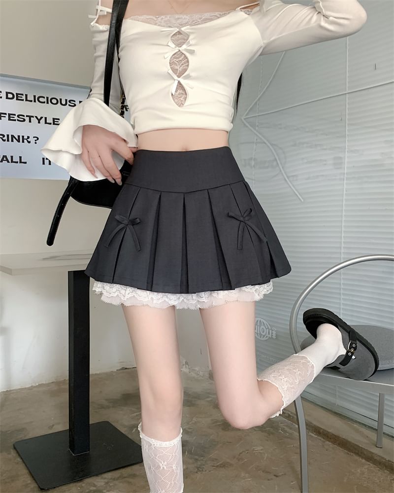 Mini High Bow Waist Pleated A-Line Skirt Panel Lace