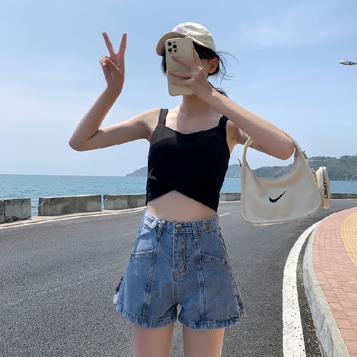 Shorts Zip Denim Washed Lettering Print Waist High Slit