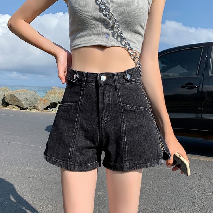 Shorts Zip Denim Washed Lettering Print Waist High Slit