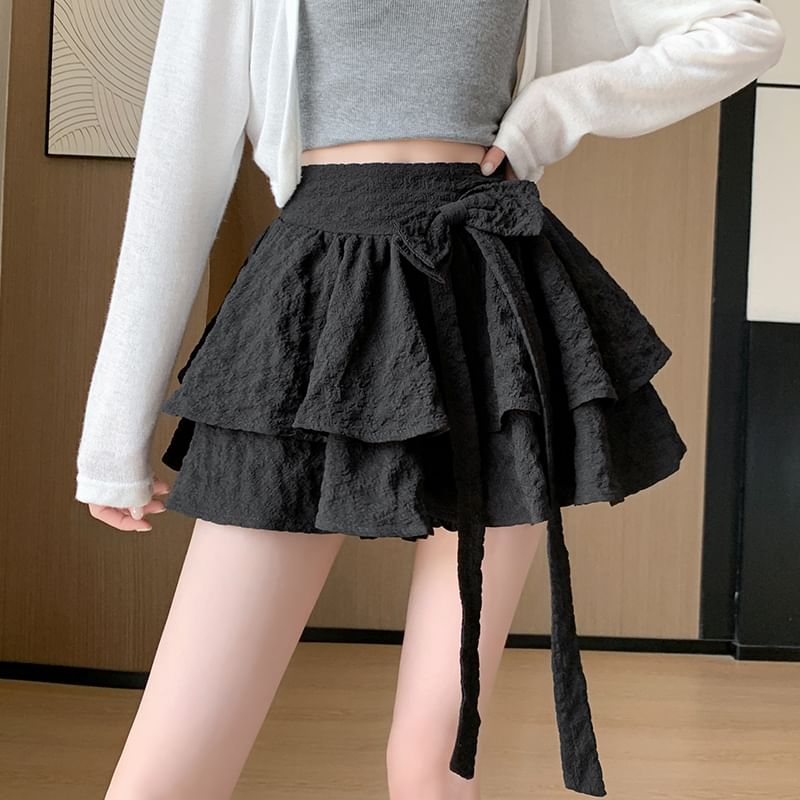 Mini Waist Ruffle Skirt High A-Line Plain Bow