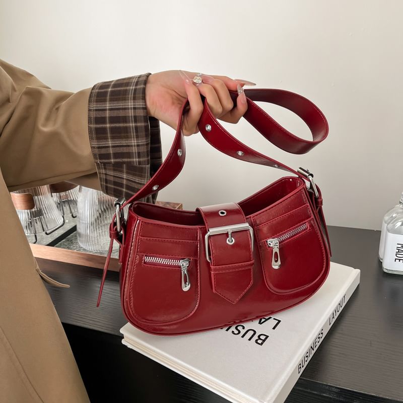 Faux Buckled Leather Shoulder Bag
