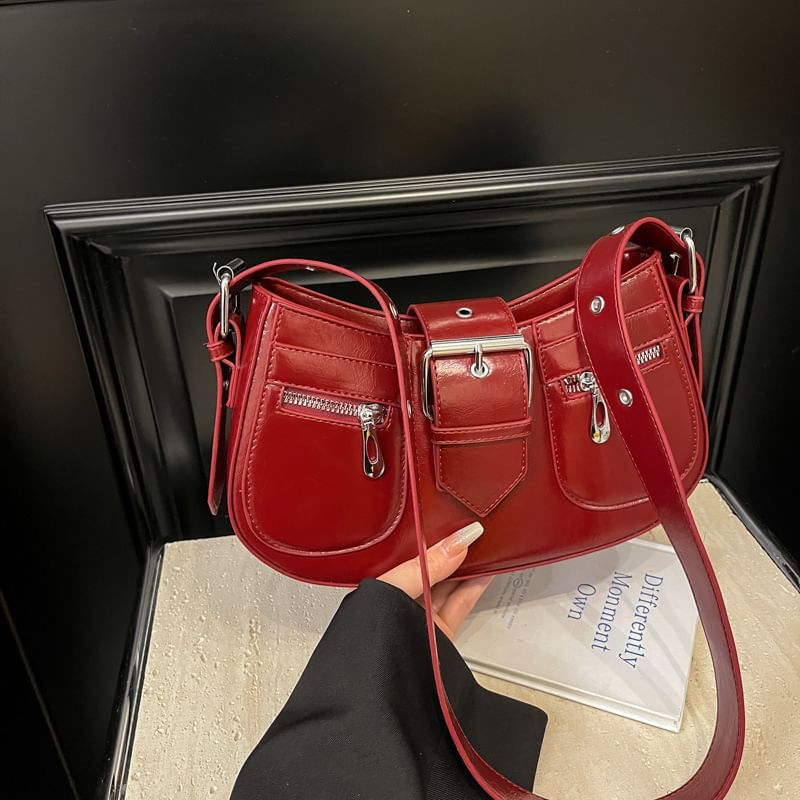 Faux Buckled Leather Shoulder Bag