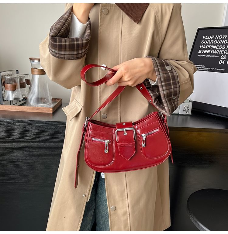 Faux Buckled Leather Shoulder Bag