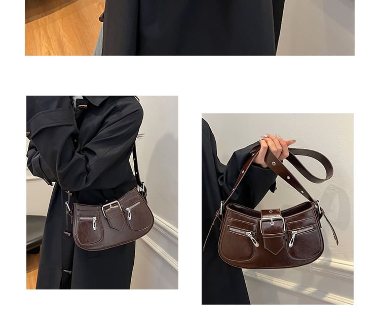 Faux Buckled Leather Shoulder Bag