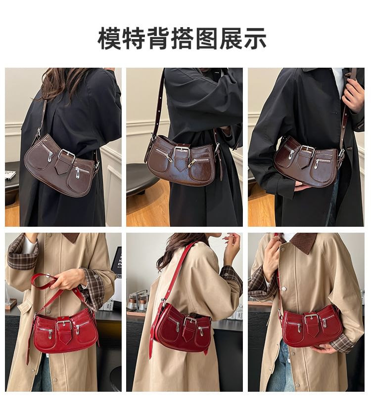 Faux Buckled Leather Shoulder Bag