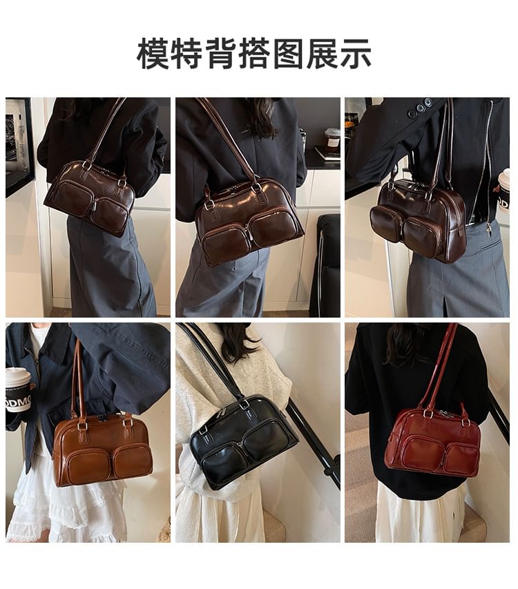 Leather Plain Bowler Bag Faux