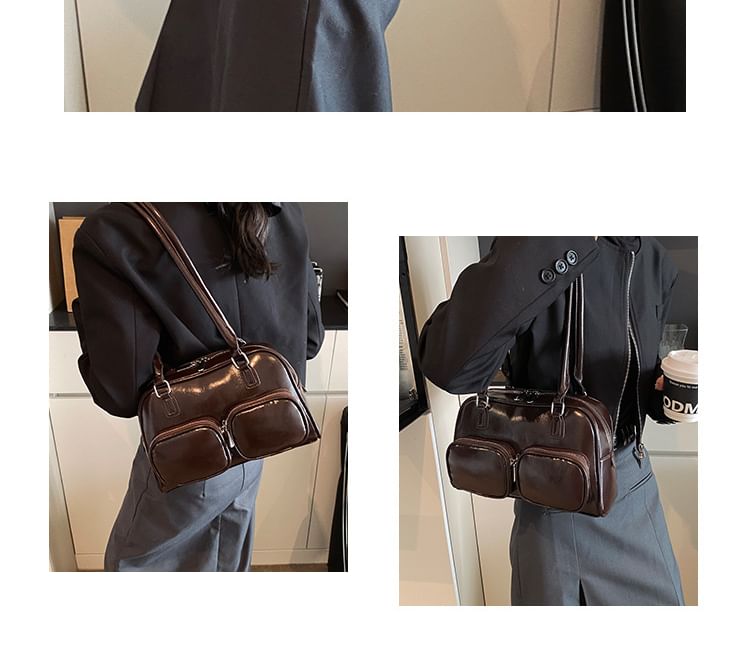 Leather Plain Bowler Bag Faux