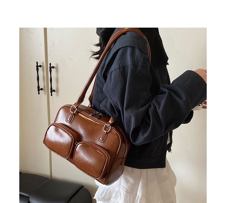 Leather Plain Bowler Bag Faux