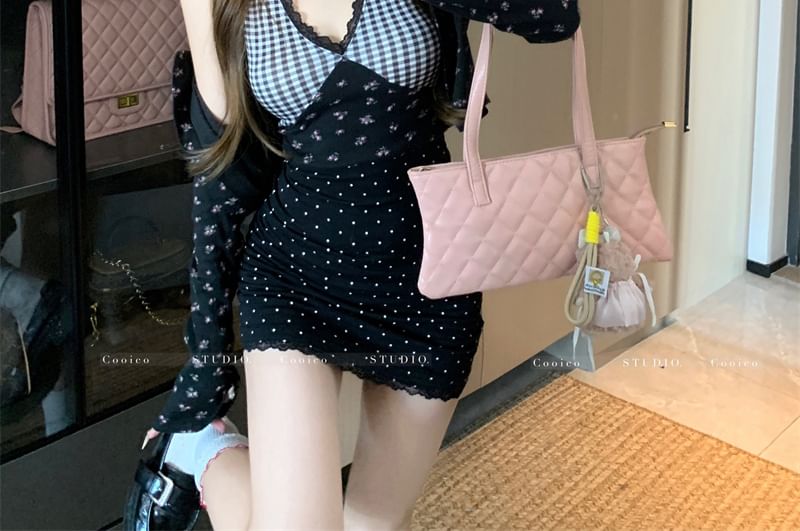 Floral Cami Dress Cardigan Panel Crop Mini Top Print Plaid /