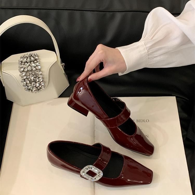 Heel Jane Mary Pumps Low Rhinestone Buckle