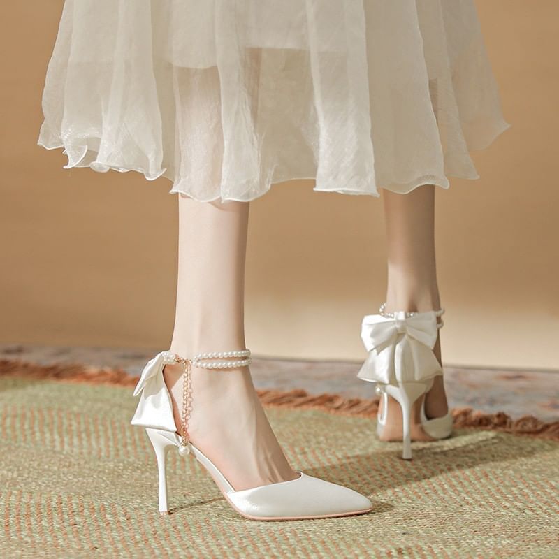 Stiletto Heel Bow Faux Pearl Strap Sandals