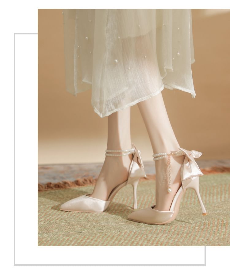 Stiletto Heel Bow Faux Pearl Strap Sandals