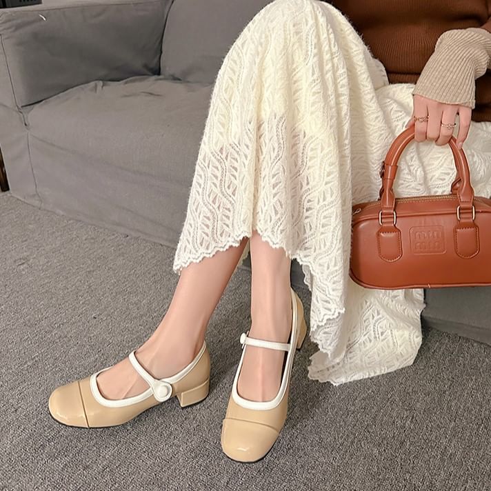 Mary Heel Contrast Pumps Block Jane Trim