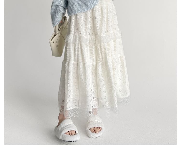 Panel High Lace Plain A-Line Waist Skirt Midi