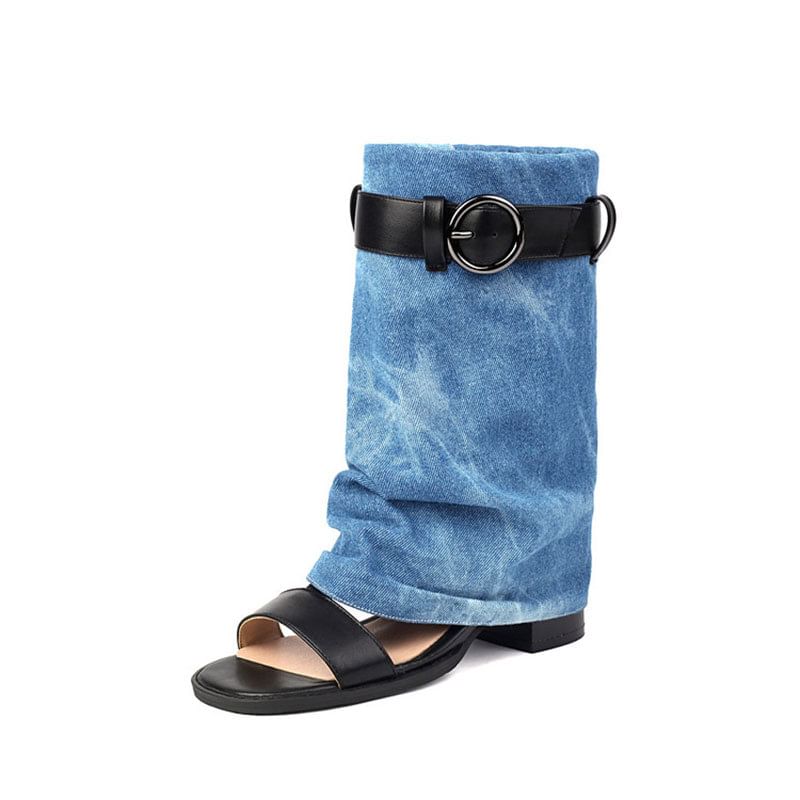 Short Washed Thong Heel Boots Denim Block