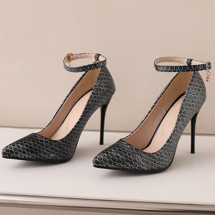 Patterned Ankle Pumps Scale Stiletto Fish Strap Heel