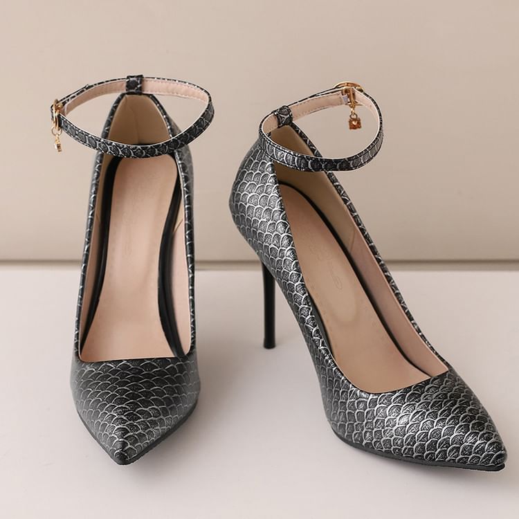 Patterned Ankle Pumps Scale Stiletto Fish Strap Heel