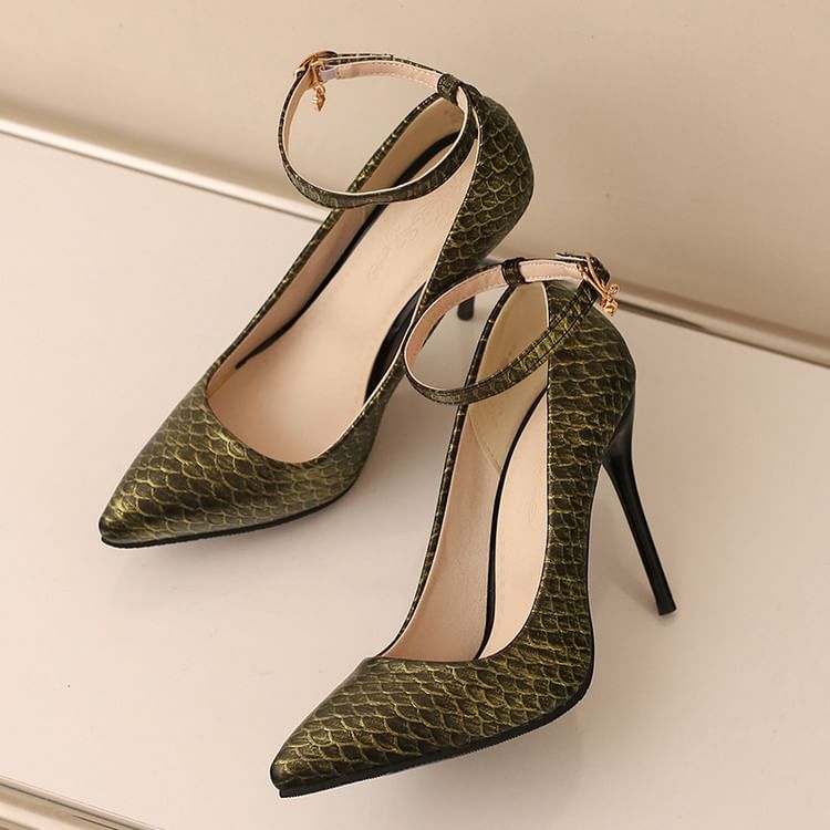 Patterned Ankle Pumps Scale Stiletto Fish Strap Heel