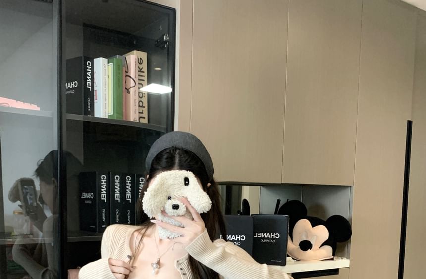 Set: Studded Cardigan + Ribbed Knit Top Crop Camisole Waist High Shorts