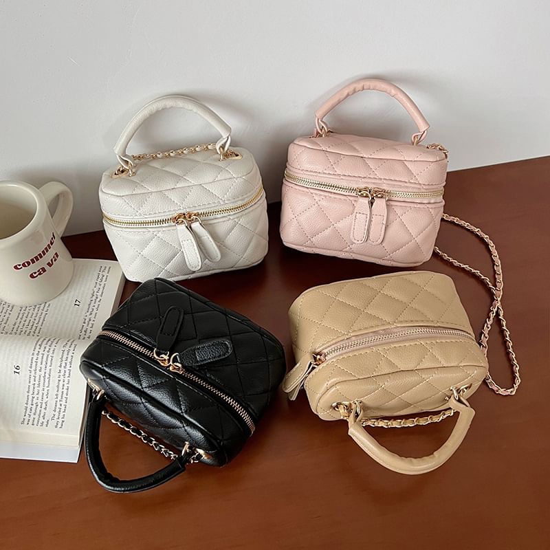 Faux Quilted Bag Crossbody Plain Zip Leather