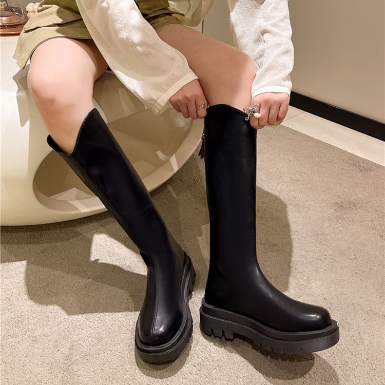 Zip-Up Plain Boots Tall Platform Leather Faux