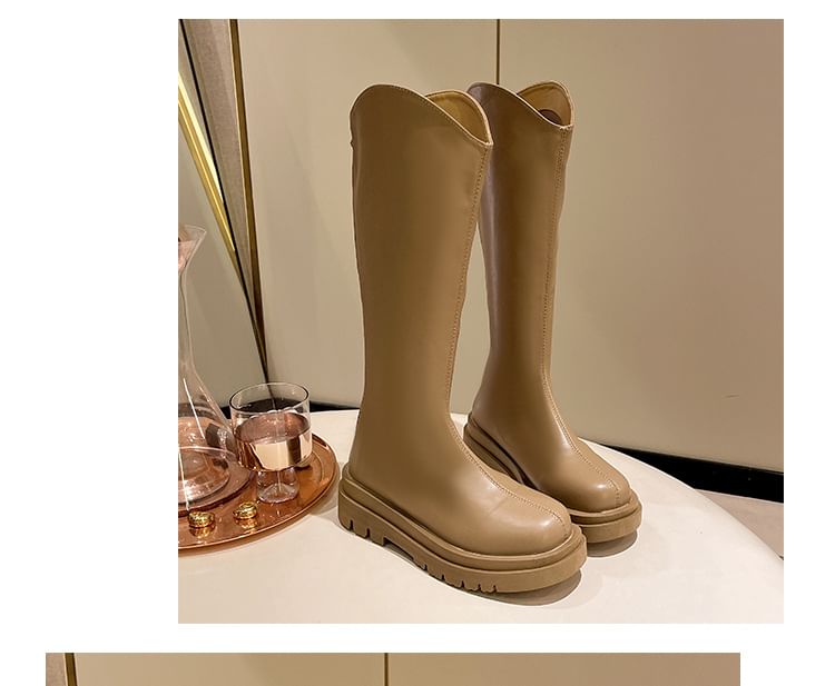 Zip-Up Plain Boots Tall Platform Leather Faux