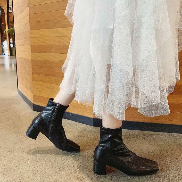 Plain Square Boots Zip-Up Short Heel Chunky Toe