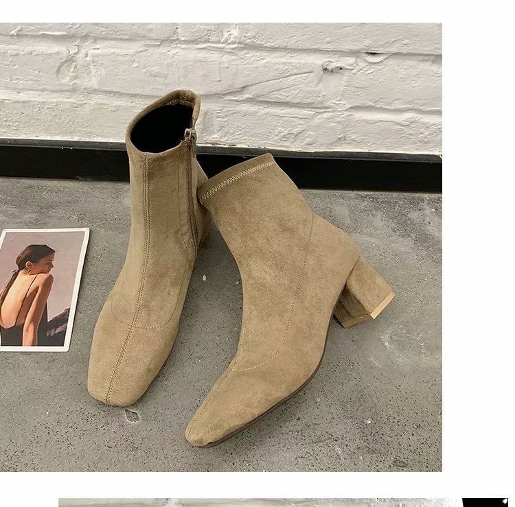 Plain Square Boots Zip-Up Short Heel Chunky Toe