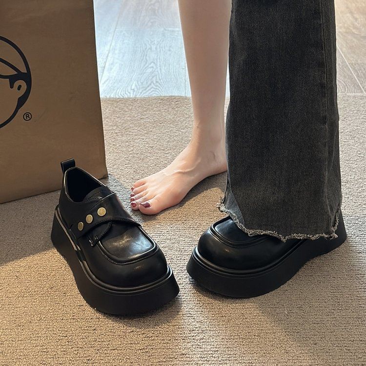 Strap Shoes Plain Platform Leather Faux Adhesive