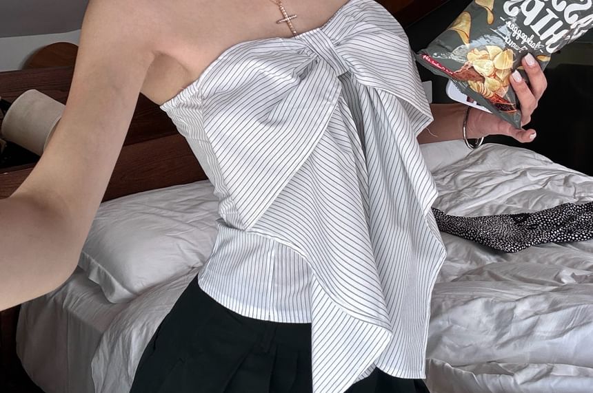 Plain Striped Leg Waist / High Accent Tube Pants Crop Wide Top Bow